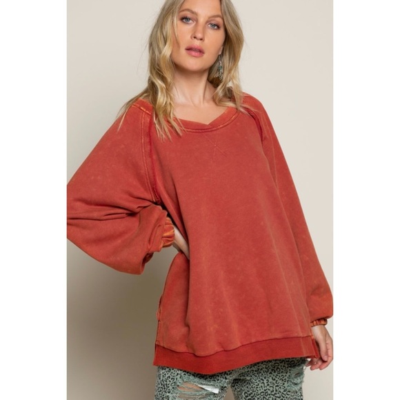 POL Rusted Orange Criss Cross Back Slouchy French Terry Pullover - Picture 3 of 12